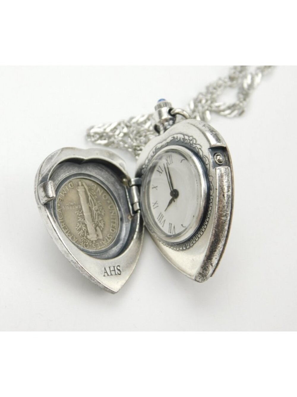 American Historical Society 1940 Mercury Dime Silver Locket Watch Necklace 30” - Picture 5 of 7